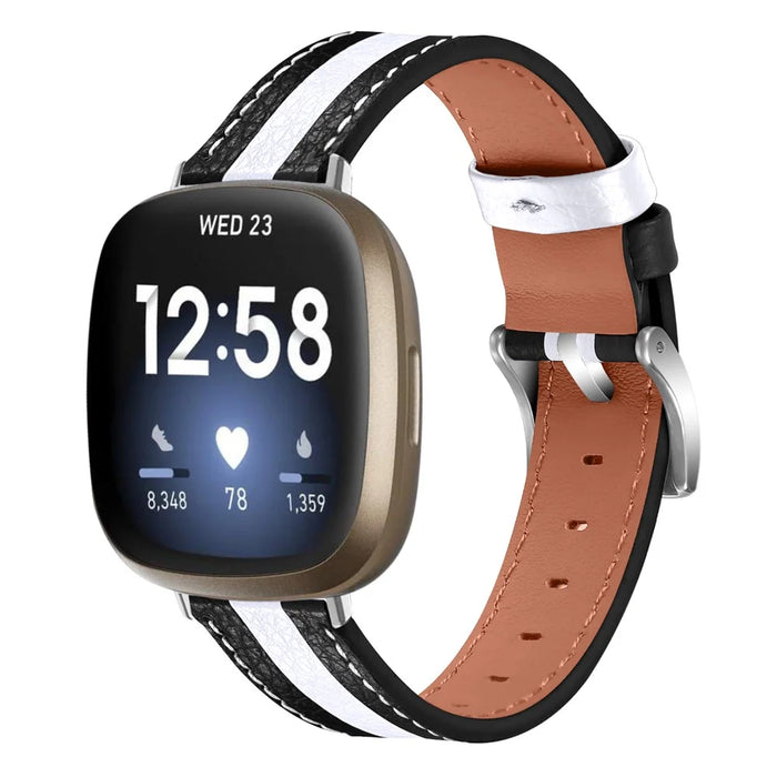 For Fitbit Versa 3/Sense Splicing Design Wrist Strap Top Layer Cowhide Leather Replacement Watch Band - Black/White - 2