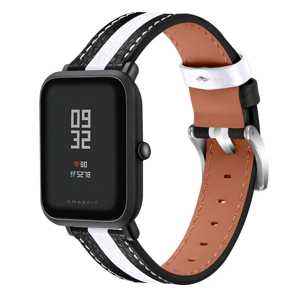 20mm Smart Watch Strap for Huami Amazfit GTS/Bip/Bip Lite Color Splicing Design Cowhide Leather Replacement Band - Black/White - 4