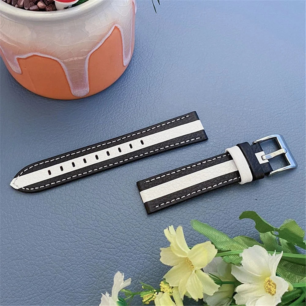 20mm Watch Strap for Samsung Galaxy Watch3 41mm/Watch 42mm Stylish Color Splicing Cowhide Leather Adjustable Watchband - Black/White - 3