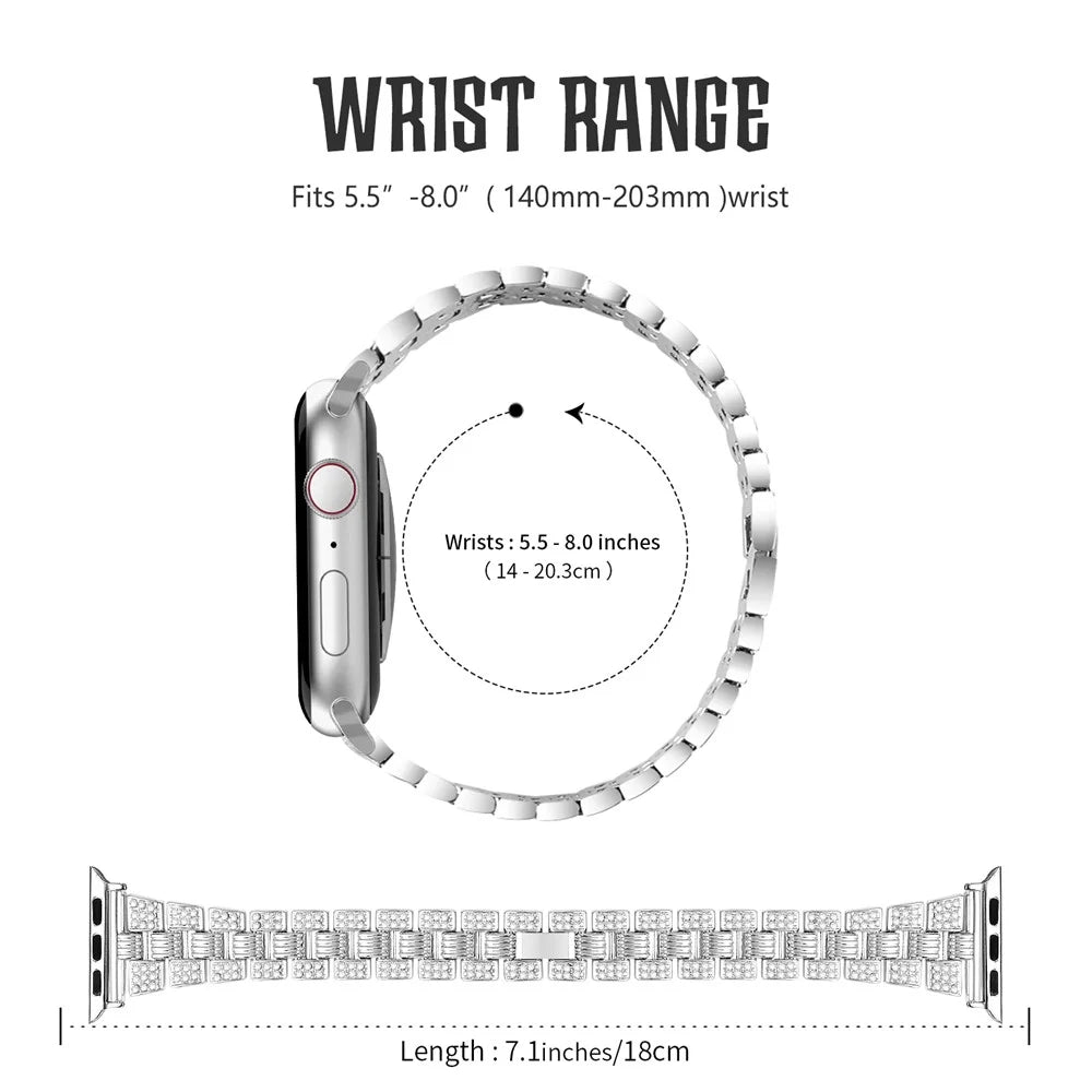 For Apple Watch Series 7 45mm 2-in-1 Design Stainless Steel Rhinestone Thread Watch Strap + Anti-drop Hard PC Watch Case - Silver/Silver - 5