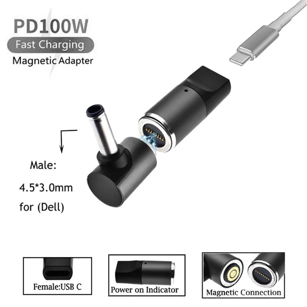 For Dell D Series Notebook Magnetic Charging Adapter 100W Type-C Female to 4.5mmx3.0mm Male PD Fast Charging Converter - 2