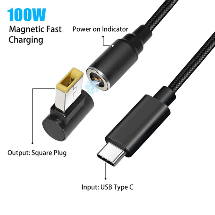 USB-C to Square Plug for Lenovo/IBM/ThinkPad Laptop, 1.8m PD 100W Magnetic Absorption DC Cable E-Mark Chip Notebook Adapter Fast Charging - 2