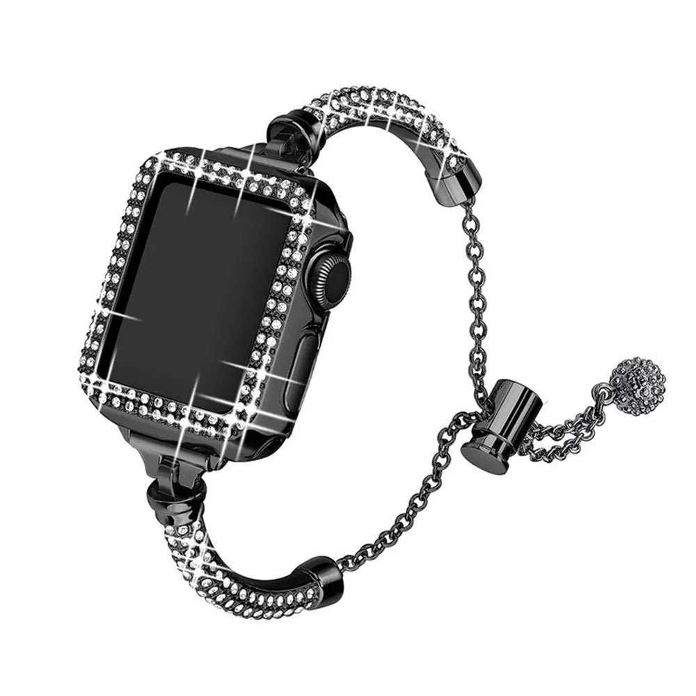 For Apple Watch SE 44mm / SE (2022) 44mm / Series 4 / 5 / 6 44mm Bracelet Metal Rhinestone Decor Durable Smart Watch Band + Hollow Out PC Watch Case - Black - 1