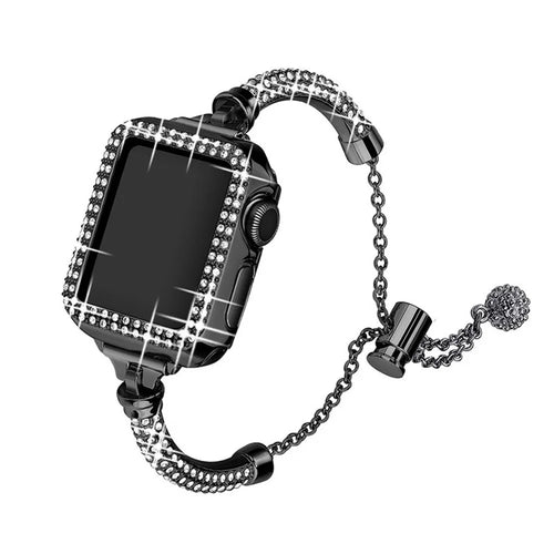 For Apple Watch SE 44mm / SE (2022) 44mm / Series 4 / 5 / 6 44mm Bracelet Metal Rhinestone Decor Durable Smart Watch Band + Hollow Out PC Watch Case - Black - 1