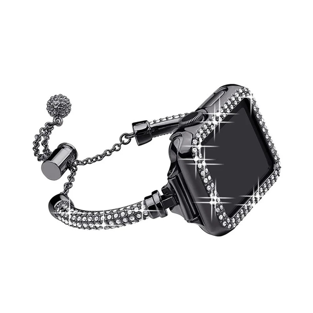 For Apple Watch SE 44mm / SE (2022) 44mm / Series 4 / 5 / 6 44mm Bracelet Metal Rhinestone Decor Durable Smart Watch Band + Hollow Out PC Watch Case - Black - 2