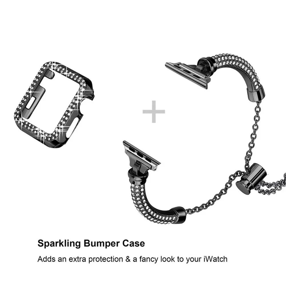 For Apple Watch SE 44mm / SE (2022) 44mm / Series 4 / 5 / 6 44mm Bracelet Metal Rhinestone Decor Durable Smart Watch Band + Hollow Out PC Watch Case - Black - 3