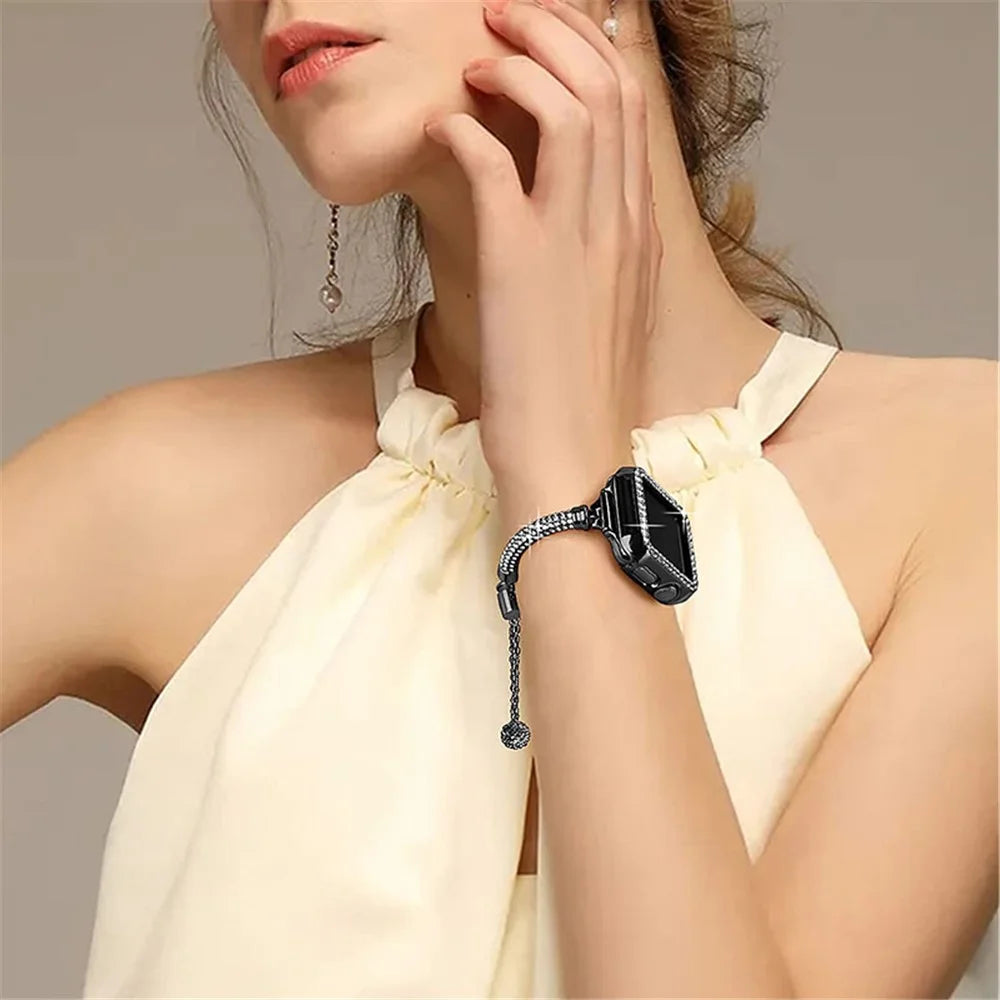For Apple Watch SE 44mm / SE (2022) 44mm / Series 4 / 5 / 6 44mm Bracelet Metal Rhinestone Decor Durable Smart Watch Band + Hollow Out PC Watch Case - Black - 6