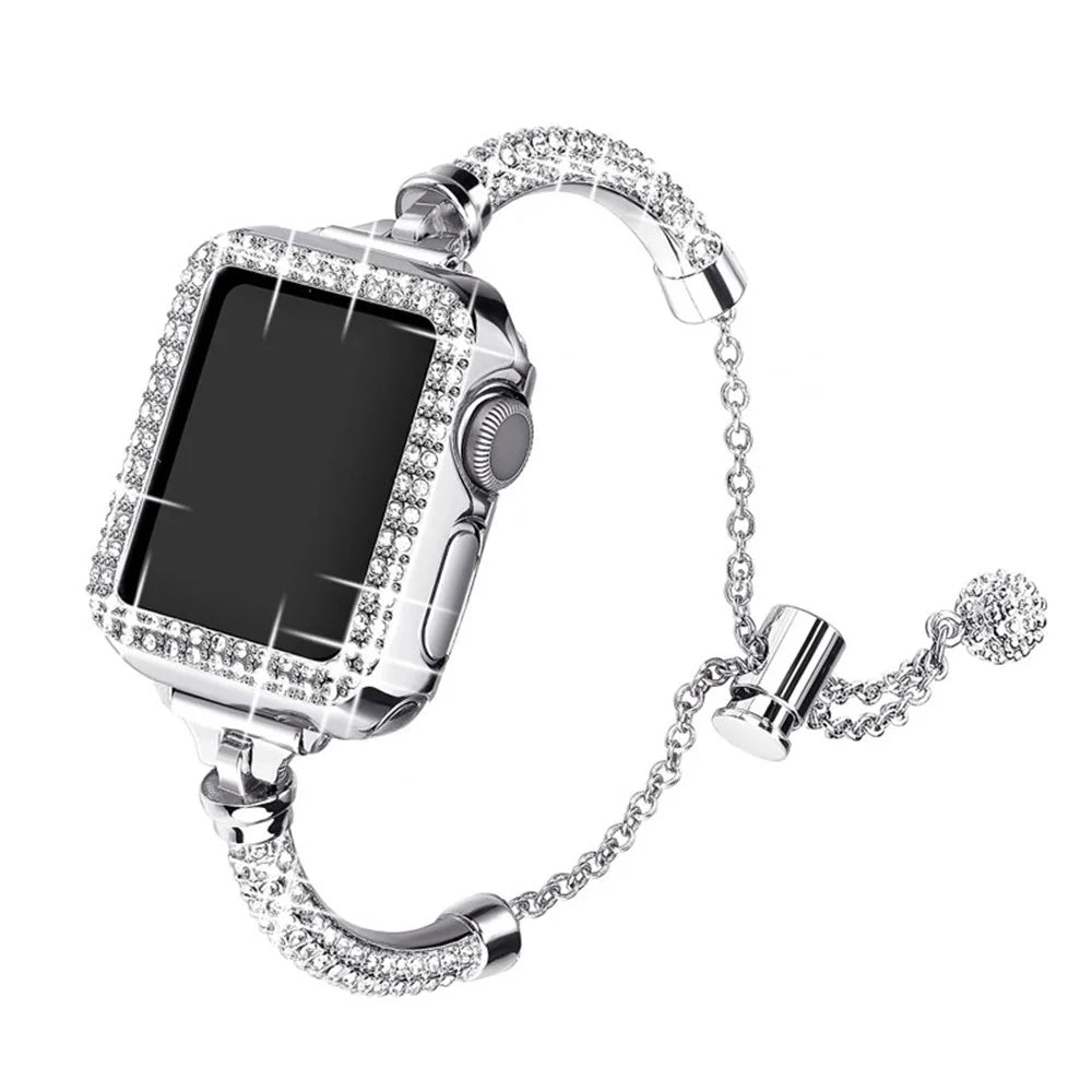 For Apple Watch Series 7 45mm Bracelet Metal Rhinestone Decor Elegant Smart Watch Band + Hollow Out PC Watch Cover Case - Silver - 1