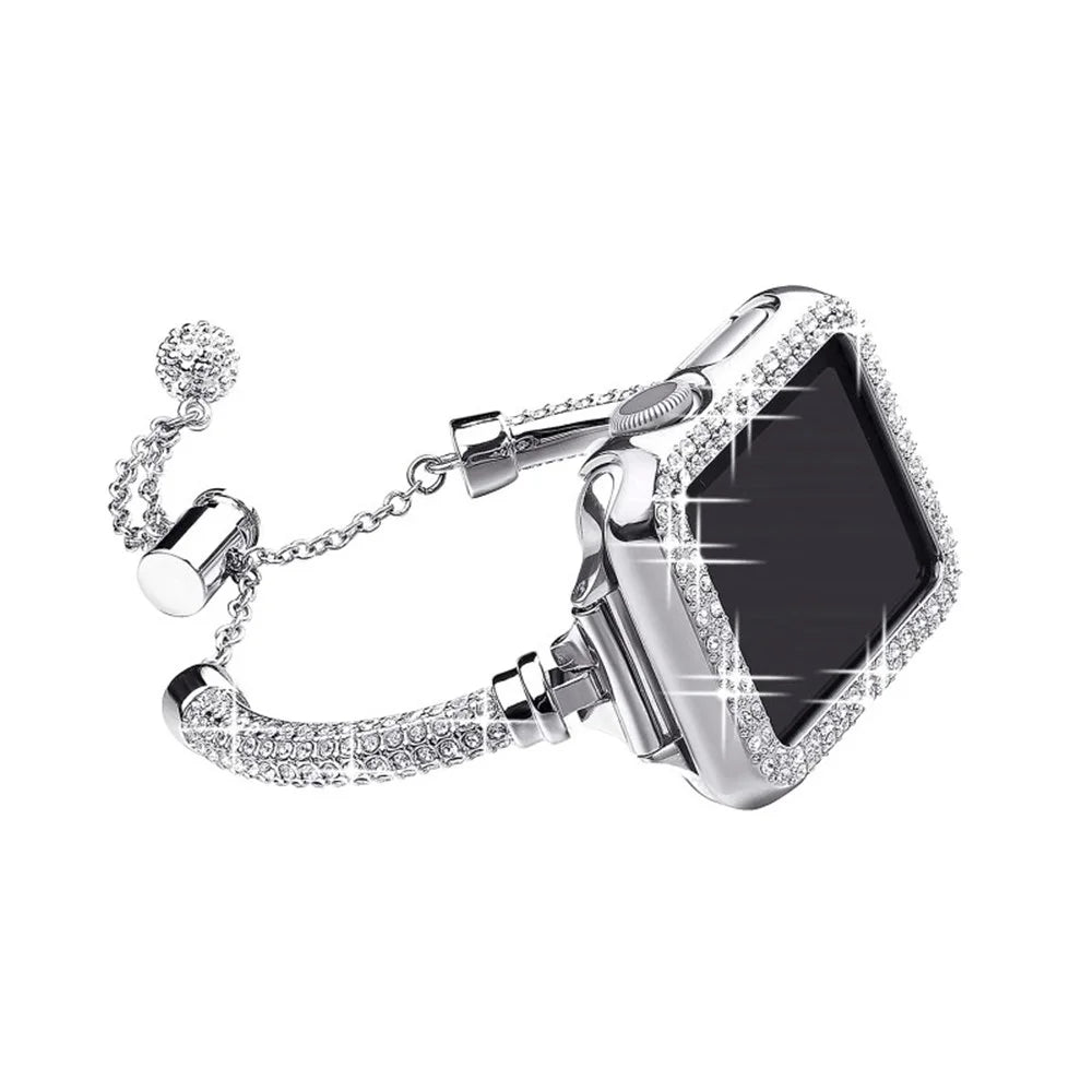 For Apple Watch Series 7 45mm Bracelet Metal Rhinestone Decor Elegant Smart Watch Band + Hollow Out PC Watch Cover Case - Silver - 2