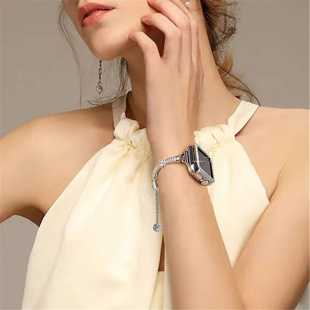 For Apple Watch Series 7 45mm Bracelet Metal Rhinestone Decor Elegant Smart Watch Band + Hollow Out PC Watch Cover Case - Silver - 6