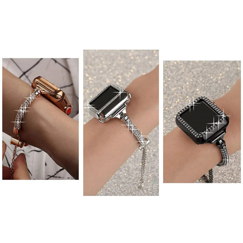For Apple Watch Series 7 45mm Bracelet Metal Shiny Rhinestone Decor Smart Watch Band + Hollow Out PC Watch Cover Case - Black - 5