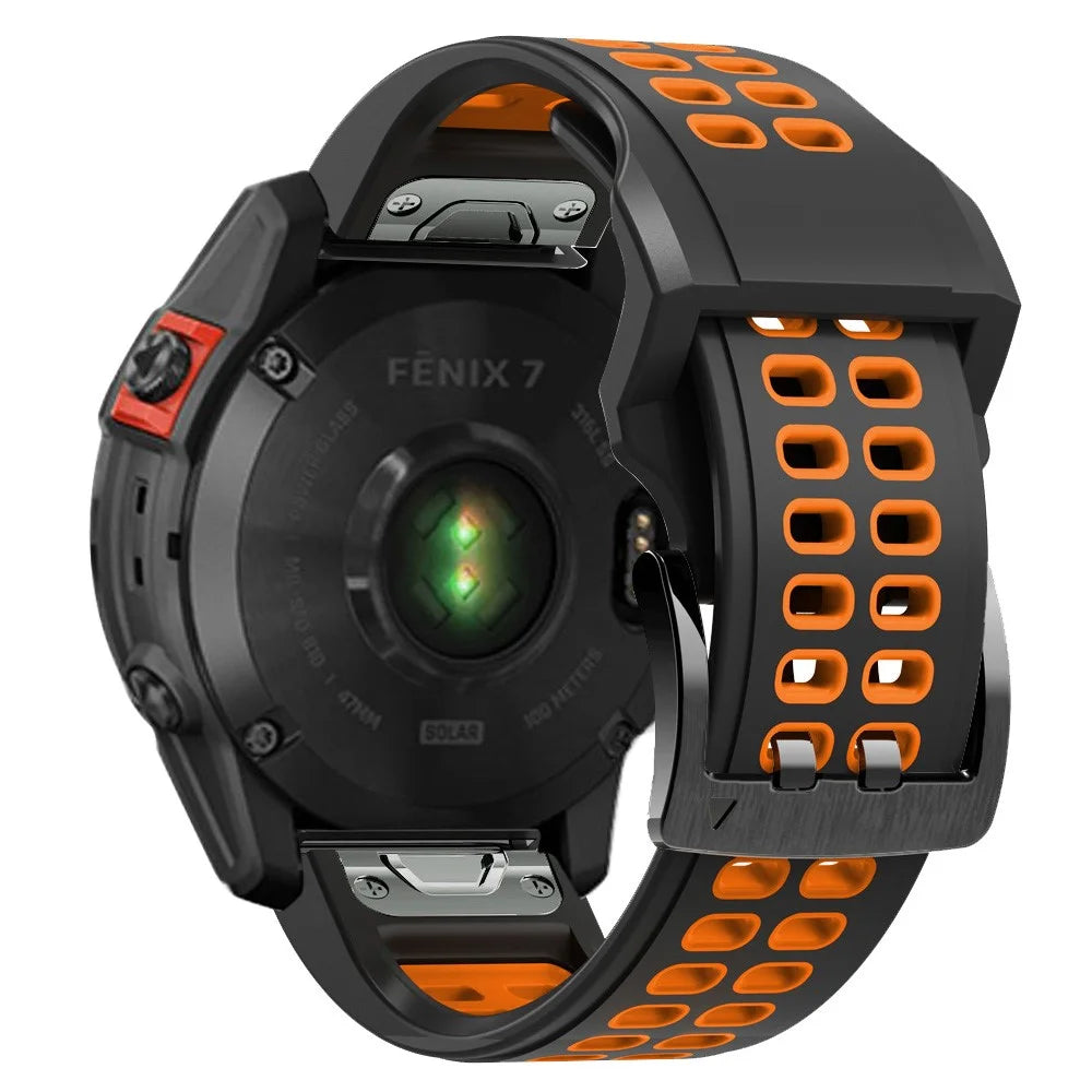For Garmin Fenix 7X Dual-color Two Rows Holes Silicone Quick Release Watch Band Wrist Strap 26mm - Black/Orange - 1