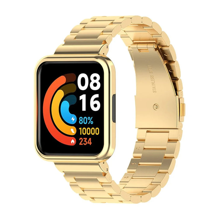 For Xiaomi Redmi Watch 2 Lite Metal Three Beads Wrist Strap+Watch Case - Gold - 1