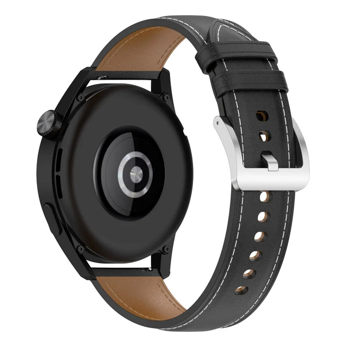 For Huawei Watch GT/Samsung Gear S3/Galaxy Watch 46mm Smart Watch Band 22mm Universal Stitching Line First Layer Cowhide Solid Color Strap - Black - 1