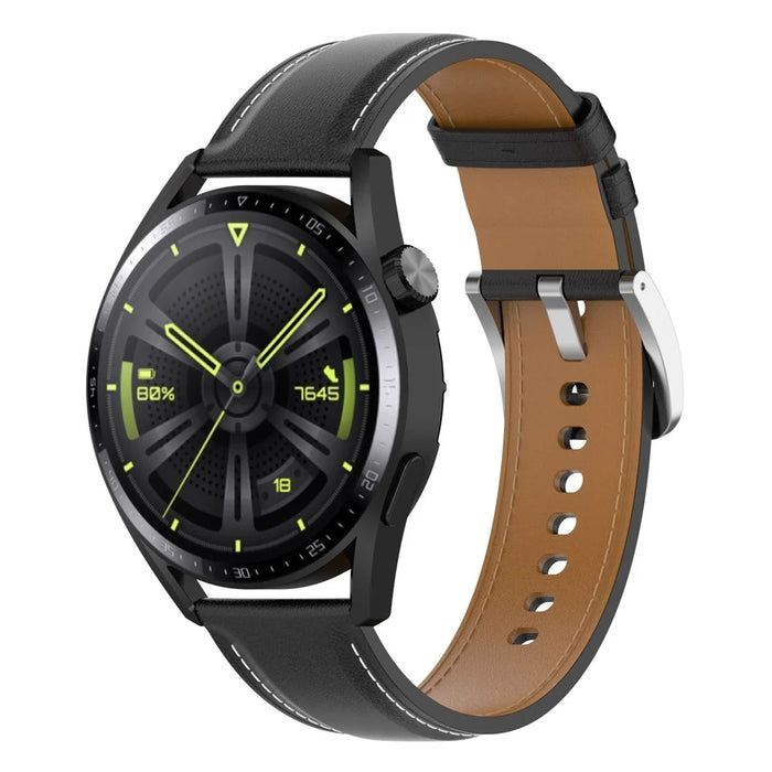 For Huawei Watch GT/Samsung Gear S3/Galaxy Watch 46mm Smart Watch Band 22mm Universal Stitching Line First Layer Cowhide Solid Color Strap - Black - 2