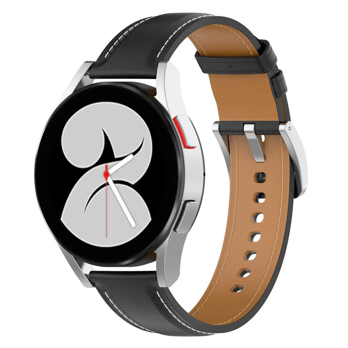 For Huawei Watch GT2/Samsung Galaxy Watch Active 20mm Universal Stitching Line First Layer Cowhide Solid Color Smart Watch Replacement Strap - Black - 2