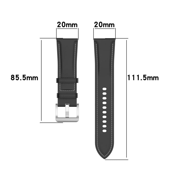 For Huawei Watch GT2/Samsung Galaxy Watch Active 20mm Universal Stitching Line First Layer Cowhide Solid Color Smart Watch Replacement Strap - Black - 6