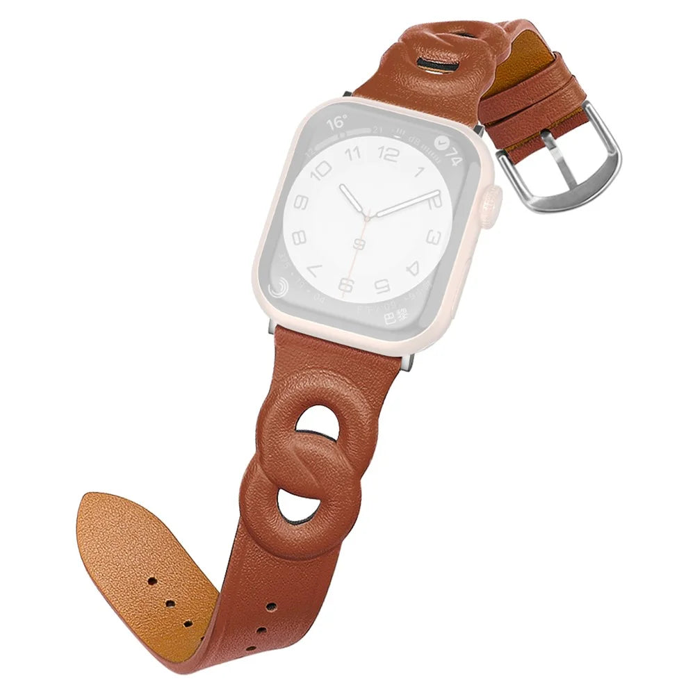 For Apple Watch Series 11 10 42mm / 9 8 7 41mm / SE3 SE2 SE 6 5 4 40mm / 3 2 1 38mm Double Rings Design Genuine Leather Smart Watch Band Wrist Strap - Brown - 1