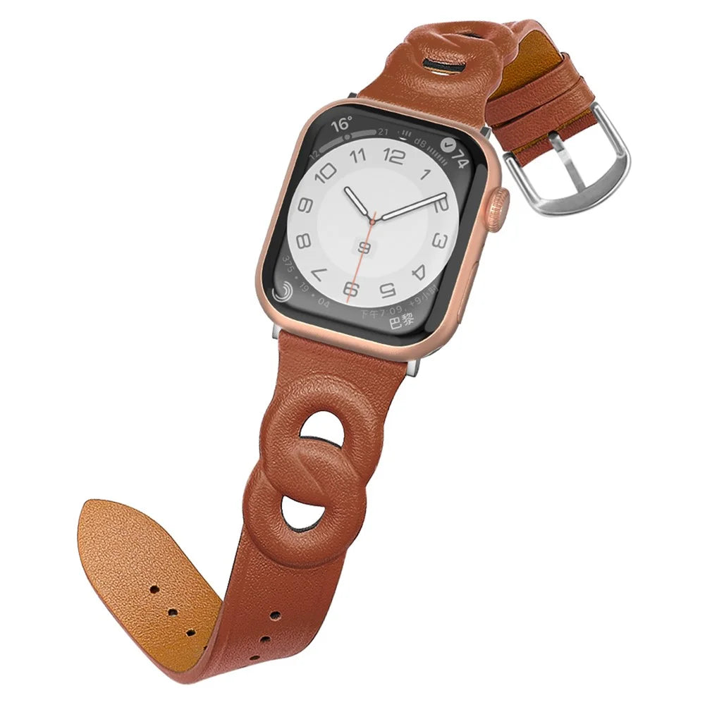 For Apple Watch Series 11 10 42mm / 9 8 7 41mm / SE3 SE2 SE 6 5 4 40mm / 3 2 1 38mm Double Rings Design Genuine Leather Smart Watch Band Wrist Strap - Brown - 2