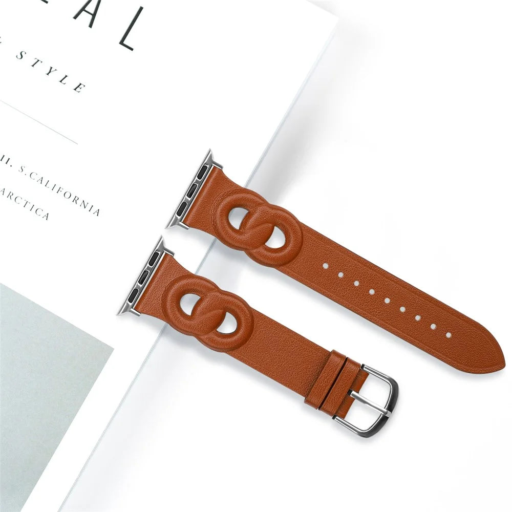For Apple Watch Series 11 10 42mm / 9 8 7 41mm / SE3 SE2 SE 6 5 4 40mm / 3 2 1 38mm Double Rings Design Genuine Leather Smart Watch Band Wrist Strap - Brown - 4