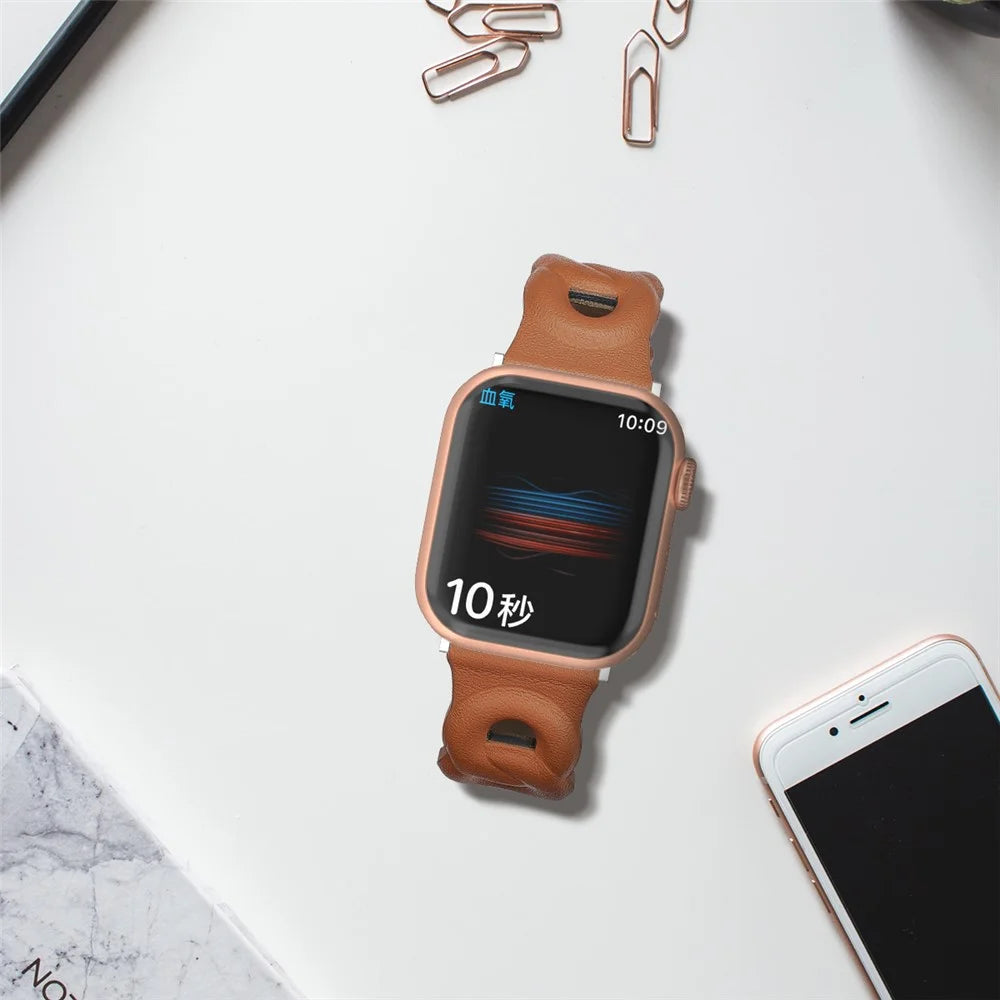 For Apple Watch Series 11 10 42mm / 9 8 7 41mm / SE3 SE2 SE 6 5 4 40mm / 3 2 1 38mm Double Rings Design Genuine Leather Smart Watch Band Wrist Strap - Brown - 5