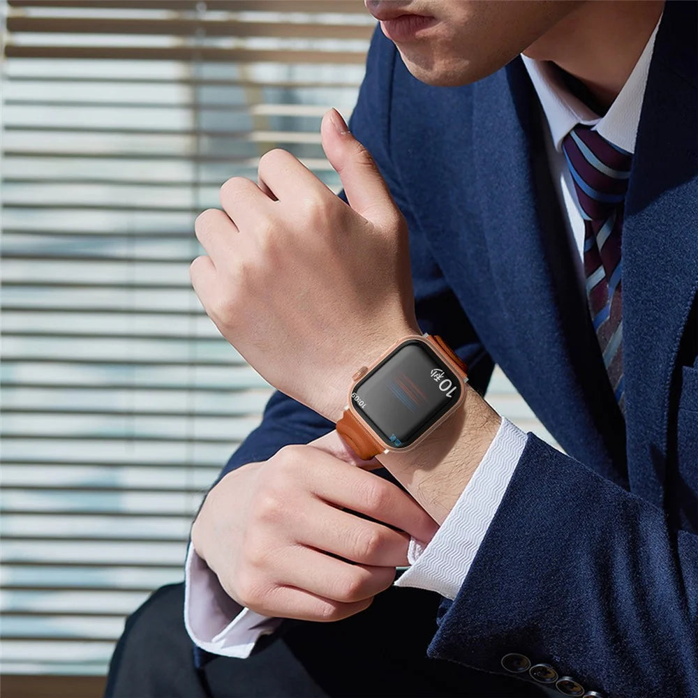 For Apple Watch Series 11 10 42mm / 9 8 7 41mm / SE3 SE2 SE 6 5 4 40mm / 3 2 1 38mm Double Rings Design Genuine Leather Smart Watch Band Wrist Strap - Brown - 6