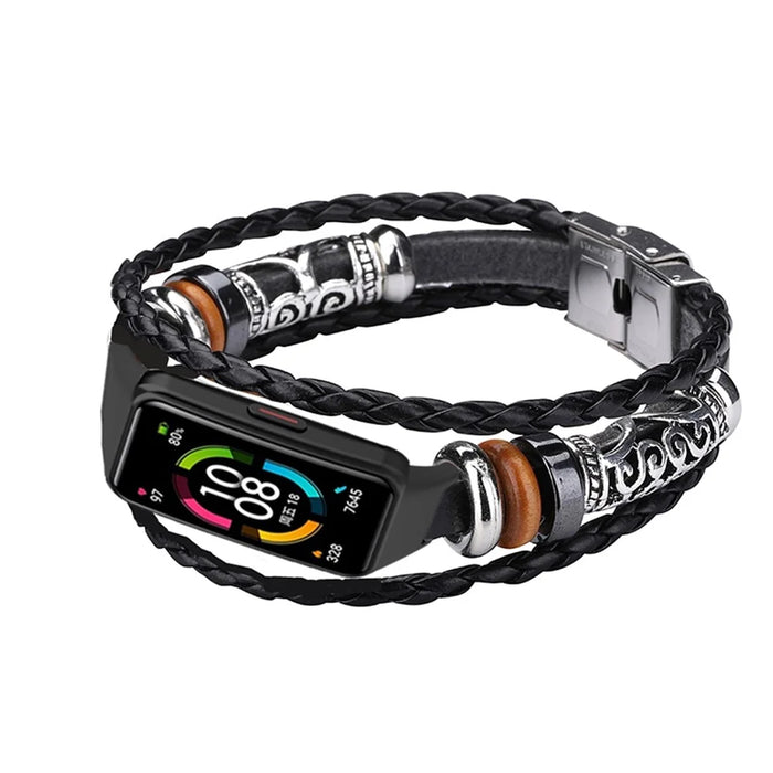For Huawei Band 6/Honor Band 6 Ethnic Beaded Replacement Watch Strap Bracelet Retro Wrist Band - Black - 1