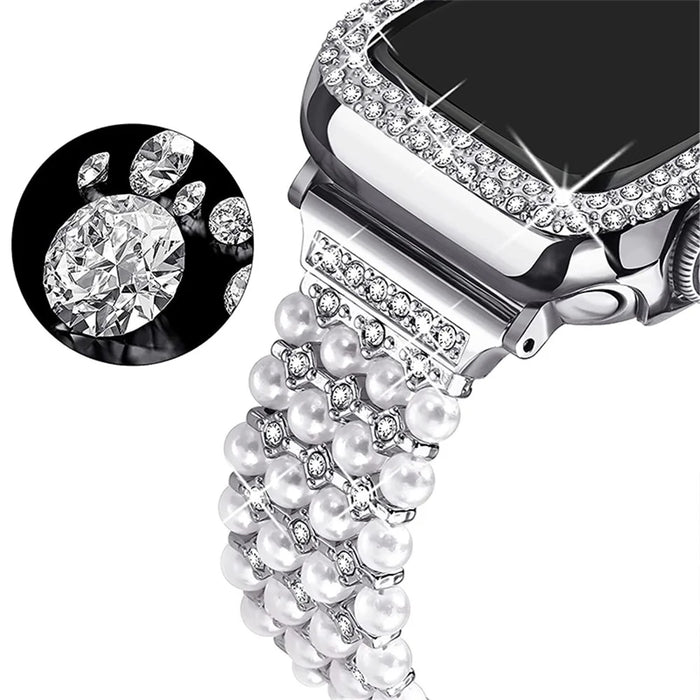 For Apple Watch Series 3 / 2 / 1 38mm Stylish Pearl Rhinestone Decor Drawstring Metal Replacement Watch Strap Bracelet + PC Watch Case Frame - Silver - 1