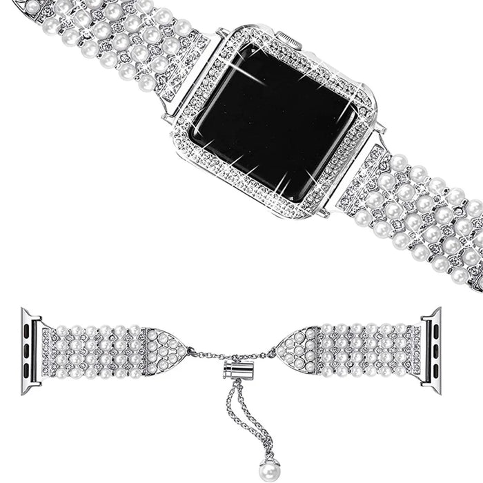 For Apple Watch Series 3 / 2 / 1 38mm Stylish Pearl Rhinestone Decor Drawstring Metal Replacement Watch Strap Bracelet + PC Watch Case Frame - Silver - 2