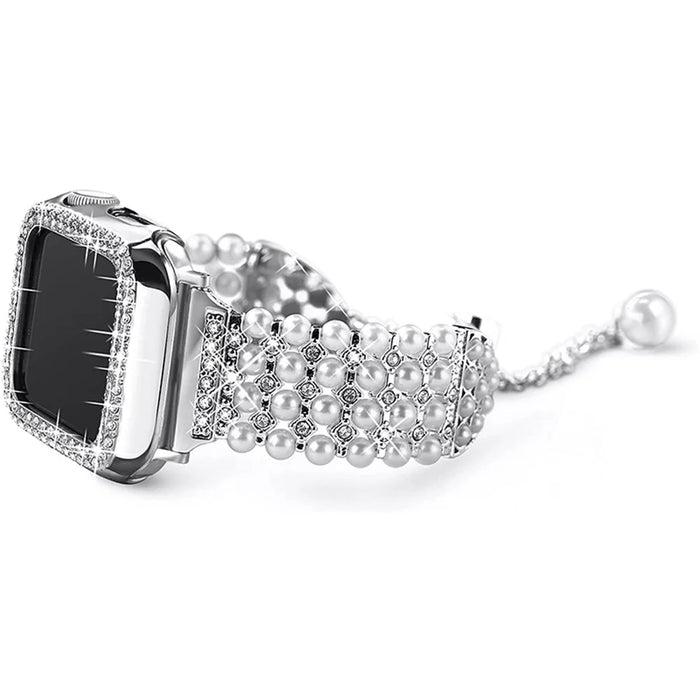 For Apple Watch Series 3 / 2 / 1 38mm Stylish Pearl Rhinestone Decor Drawstring Metal Replacement Watch Strap Bracelet + PC Watch Case Frame - Silver - 3