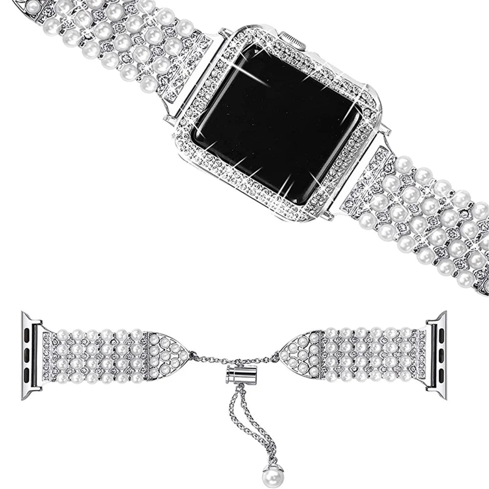 For Apple Watch SE / SE(2022) / Series 6 / 5 / 4 40mm Replacement Strap Pearl Rhinestone Decor Adjustable Metal Bracelet Wrist Band + PC Watch Case - Silver - 2