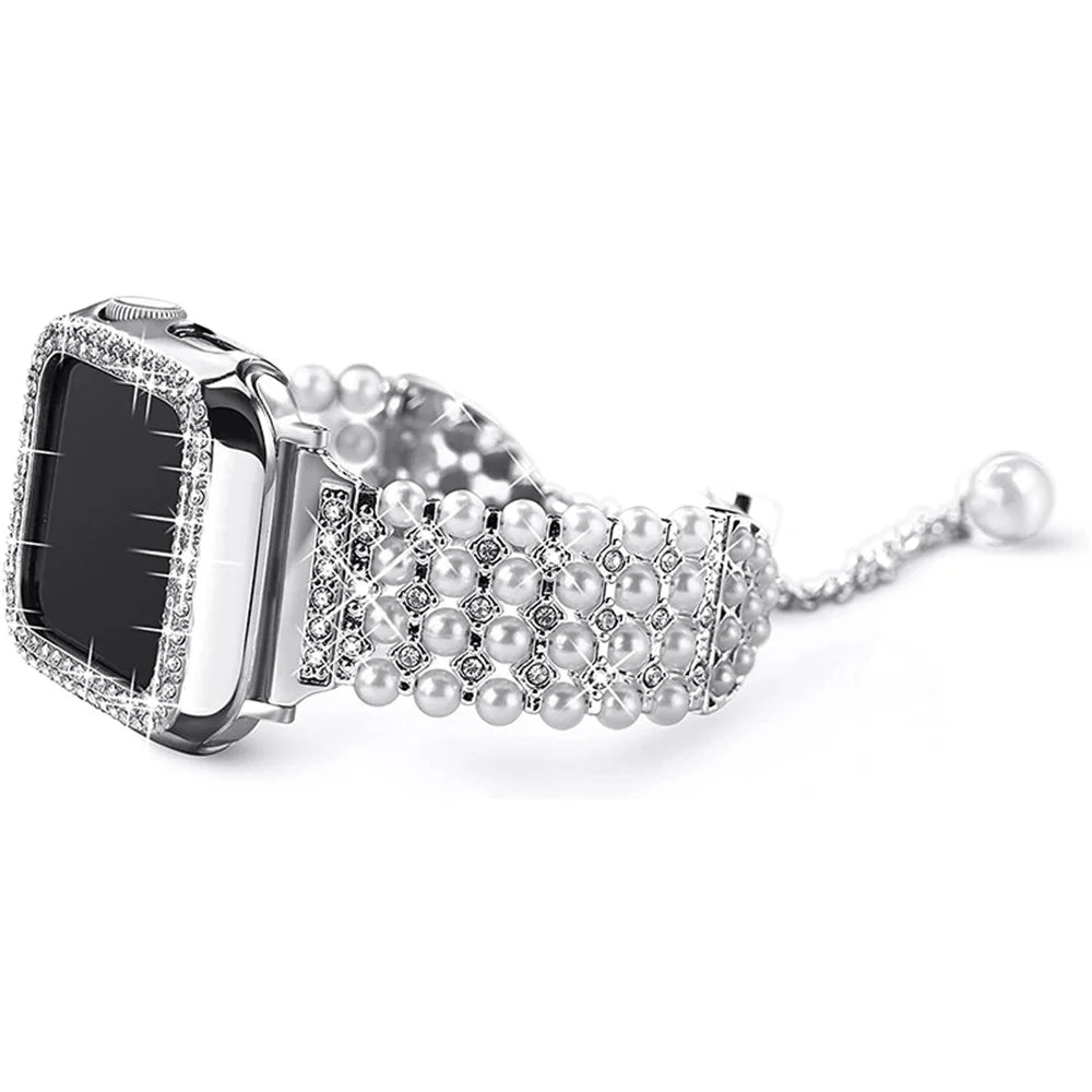 For Apple Watch SE / SE(2022) / Series 6 / 5 / 4 40mm Replacement Strap Pearl Rhinestone Decor Adjustable Metal Bracelet Wrist Band + PC Watch Case - Silver - 3