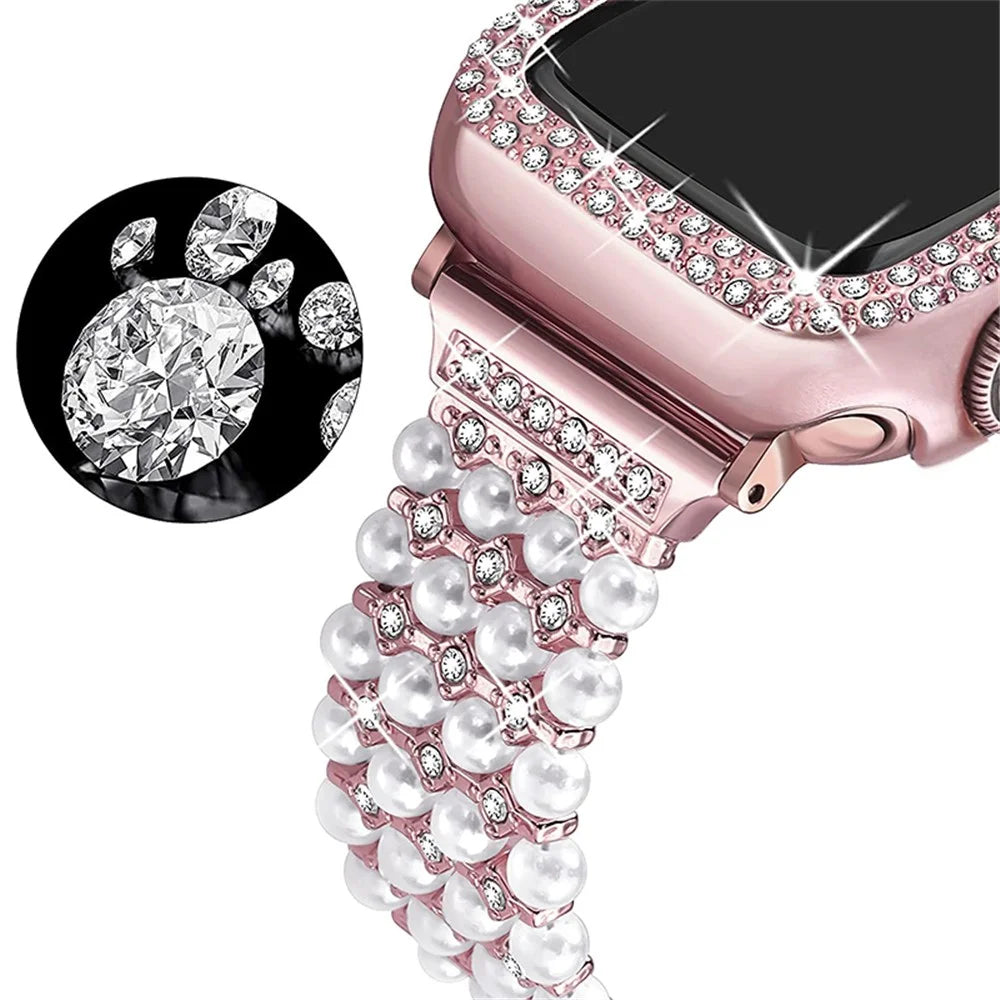 For Apple Watch SE / SE(2022) / Series 6 / 5 / 4 40mm Replacement Wrist Strap Pearl Rhinestone Decor Metal Bracelet Band + PC Anti-scratch Watch Case - Rose Pink - 1