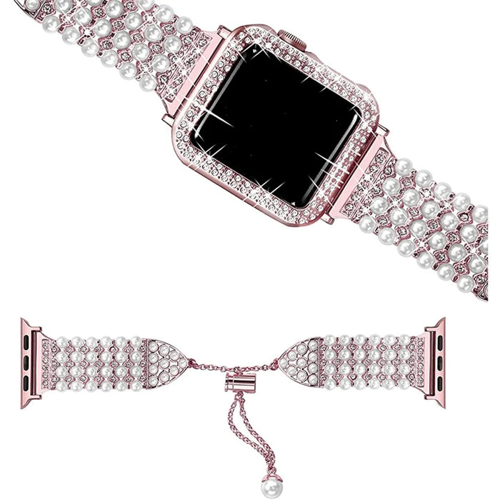 For Apple Watch SE / SE(2022) / Series 6 / 5 / 4 40mm Replacement Wrist Strap Pearl Rhinestone Decor Metal Bracelet Band + PC Anti-scratch Watch Case - Rose Pink - 2