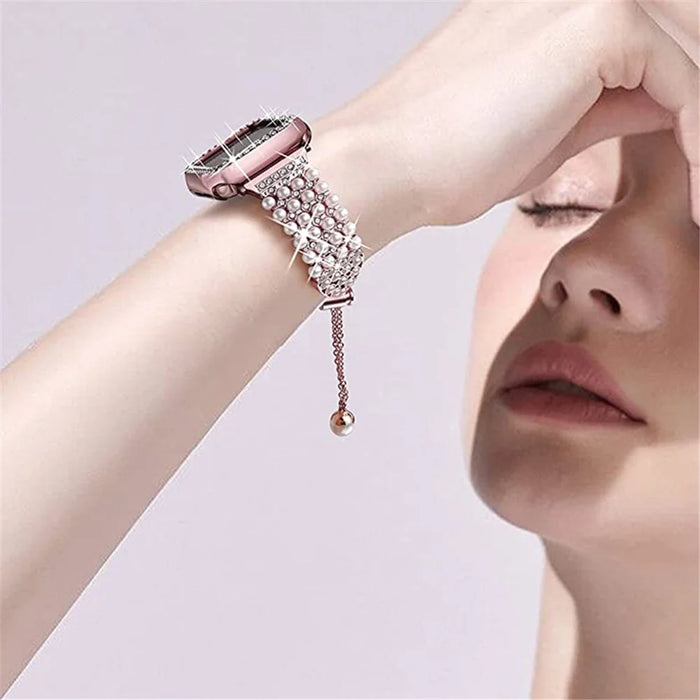 For Apple Watch SE / SE(2022) / Series 6 / 5 / 4 40mm Replacement Wrist Strap Pearl Rhinestone Decor Metal Bracelet Band + PC Anti-scratch Watch Case - Rose Pink - 5