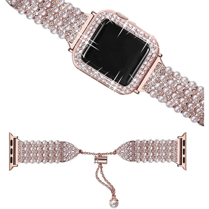 For Apple Watch Series 7 41mm Metal Pearl Rhinestone Decor Bracelet Smart Watch Band + Hollow Out PC Watch Cover Case - Rose Gold - 2