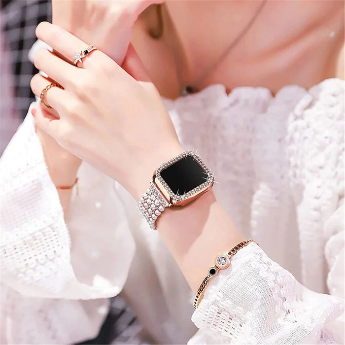 For Apple Watch Series 7 41mm Metal Pearl Rhinestone Decor Bracelet Smart Watch Band + Hollow Out PC Watch Cover Case - Rose Gold - 4