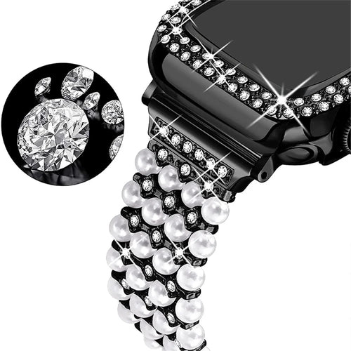 For Apple Watch SE 44mm / SE (2022) 44mm / Series 6 / 5 / 4 44mm Pearl Rhinestone Decor Metal Adjustable Bracelet Watch Band + Hollow Out PC Watch Case - Black - 1