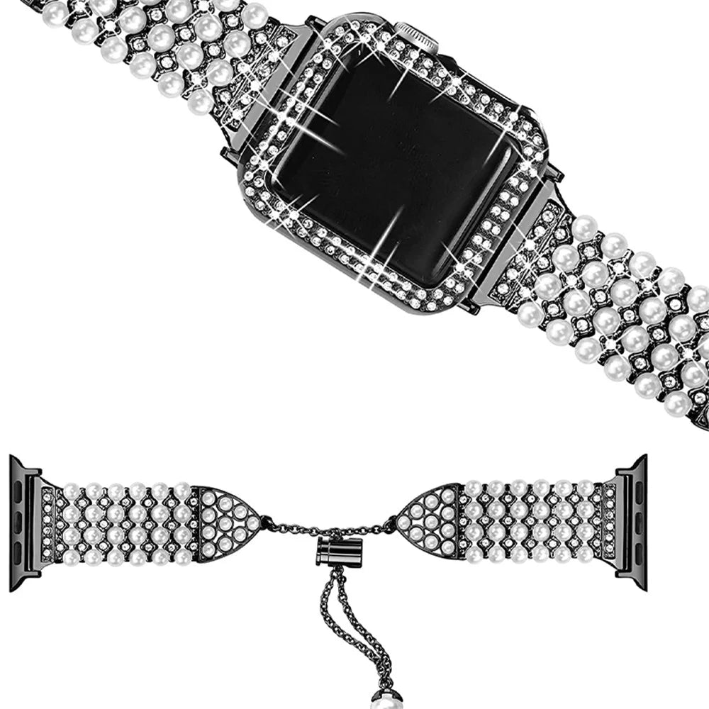 For Apple Watch SE 44mm / SE (2022) 44mm / Series 6 / 5 / 4 44mm Pearl Rhinestone Decor Metal Adjustable Bracelet Watch Band + Hollow Out PC Watch Case - Black - 3