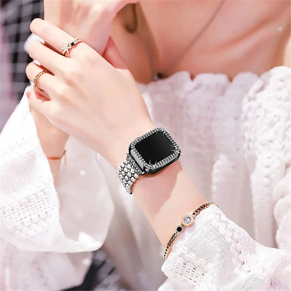 For Apple Watch SE 44mm / SE (2022) 44mm / Series 6 / 5 / 4 44mm Pearl Rhinestone Decor Metal Adjustable Bracelet Watch Band + Hollow Out PC Watch Case - Black - 4