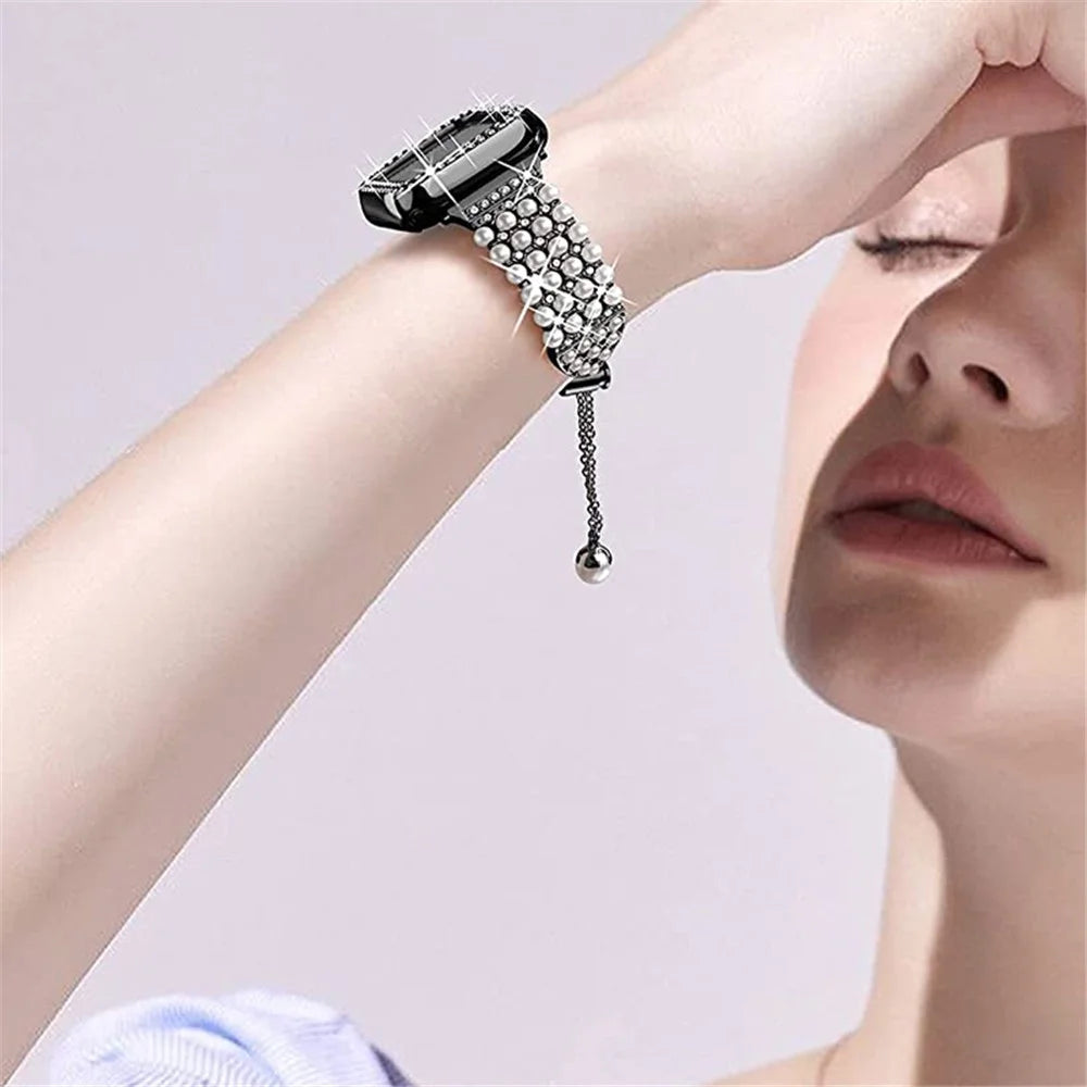 For Apple Watch SE 44mm / SE (2022) 44mm / Series 6 / 5 / 4 44mm Pearl Rhinestone Decor Metal Adjustable Bracelet Watch Band + Hollow Out PC Watch Case - Black - 5