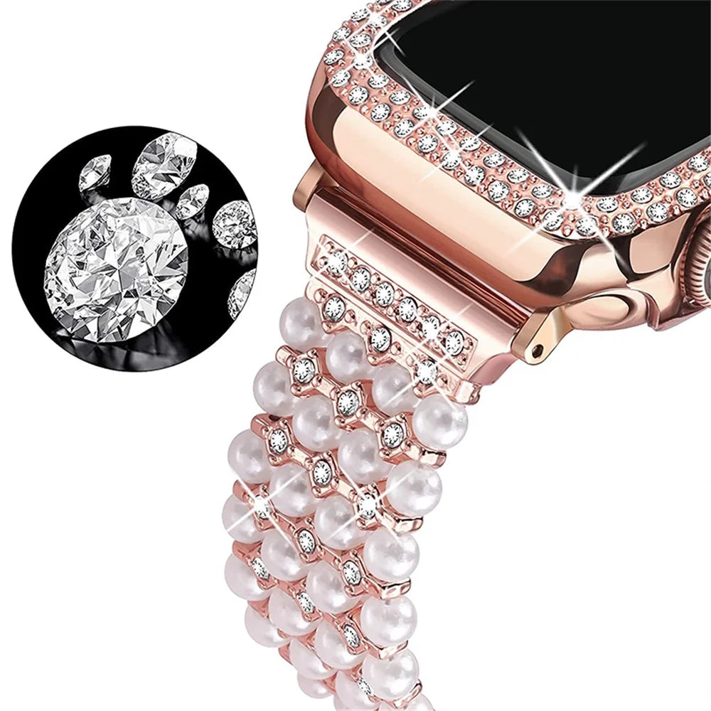 For Apple Watch Series 3/2/1 42mm Pearl Rhinestone Decor Metal Drawstring Design Watch Strap Bracelet + Hollow Out PC Watch Case - Rose Gold - 1