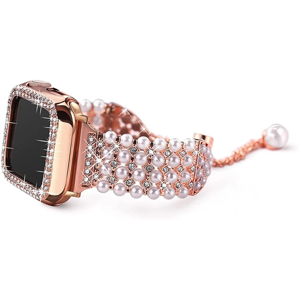 For Apple Watch Series 3/2/1 42mm Pearl Rhinestone Decor Metal Drawstring Design Watch Strap Bracelet + Hollow Out PC Watch Case - Rose Gold - 3