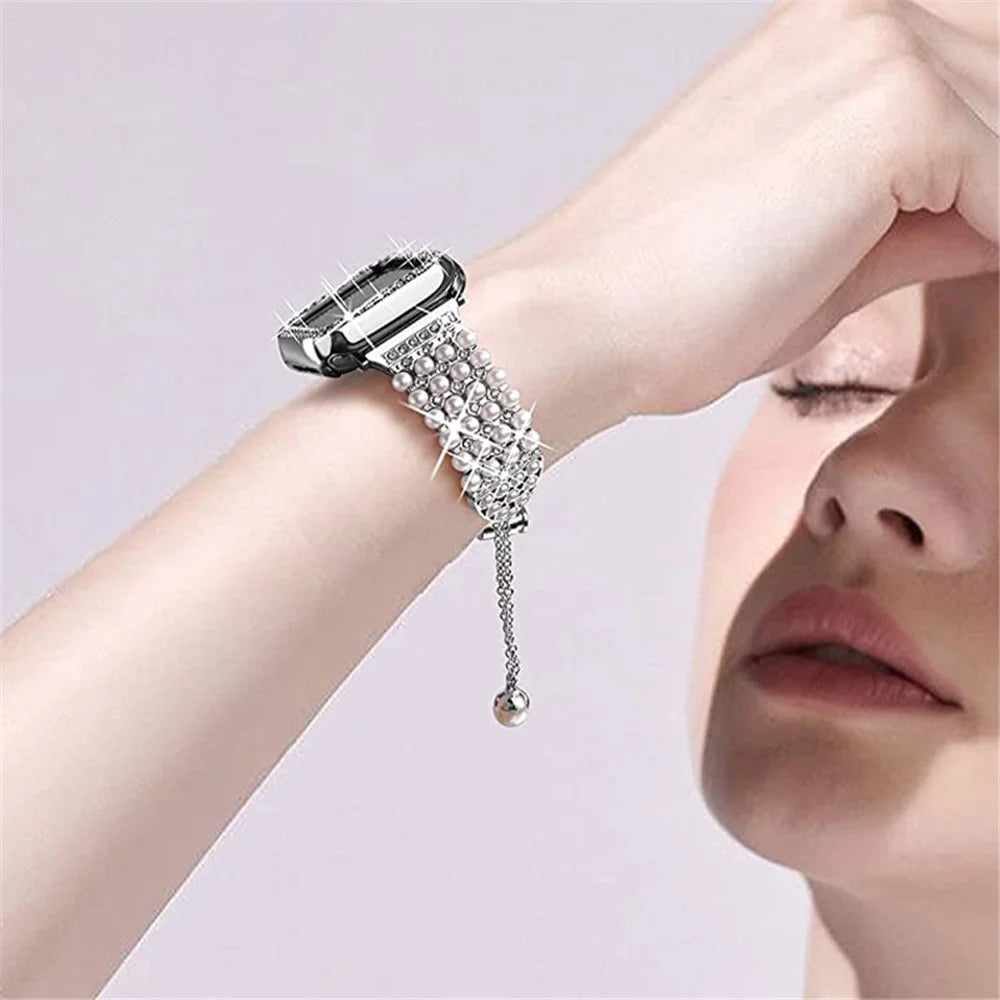 For Apple Watch Series 7 41mm Metal Watch Band Faux Pearl Replacement Strap + Rhinestone Decor PC Watch Case Cover - Silver - 5