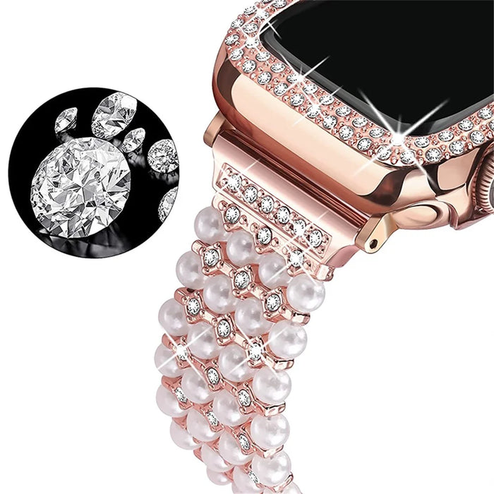 For Apple Watch Series 7 45mm Pearl Rhinestone Decor Drawstring Design Metal Bracelet Watch Strap + PC Watch Frame Protective Case - Rose Gold - 1