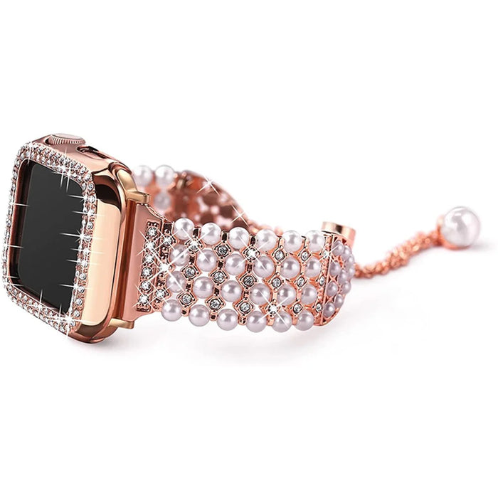 For Apple Watch Series 7 45mm Pearl Rhinestone Decor Drawstring Design Metal Bracelet Watch Strap + PC Watch Frame Protective Case - Rose Gold - 3