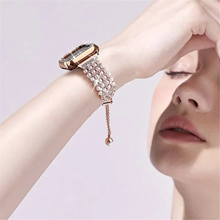For Apple Watch Series 7 45mm Pearl Rhinestone Decor Drawstring Design Metal Bracelet Watch Strap + PC Watch Frame Protective Case - Rose Gold - 5