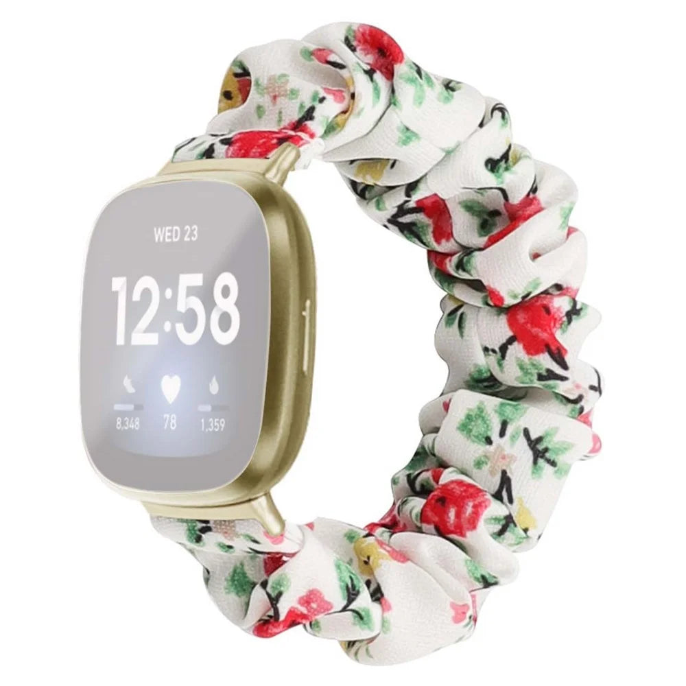 For Fitbit Versa/Versa 2/Versa Lite Elastic Watch Strap Hair Band Printed Fabric 22mm Watch Band Replacement Part - White/Red Flower - 1