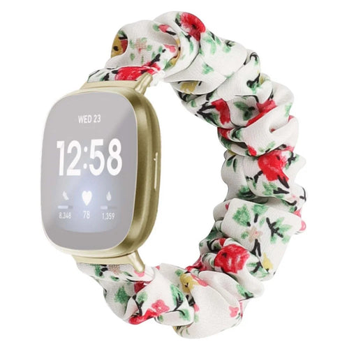 For Fitbit Versa/Versa 2/Versa Lite Elastic Watch Strap Hair Band Printed Fabric 22mm Watch Band Replacement Part - White/Red Flower - 1