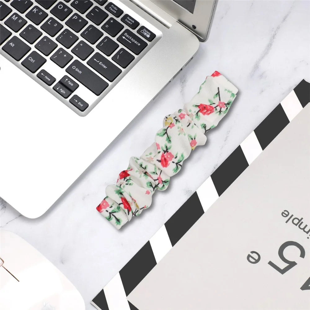 For Fitbit Versa/Versa 2/Versa Lite Elastic Watch Strap Hair Band Printed Fabric 22mm Watch Band Replacement Part - White/Red Flower - 5